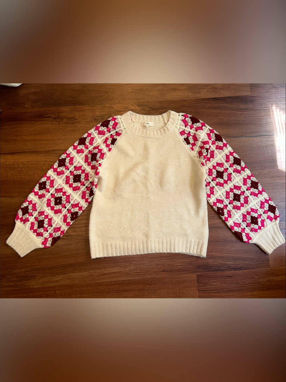 Entro Granny Square Mock Crochet Balloon Sleeve Unique Cottage Knit Sweater S